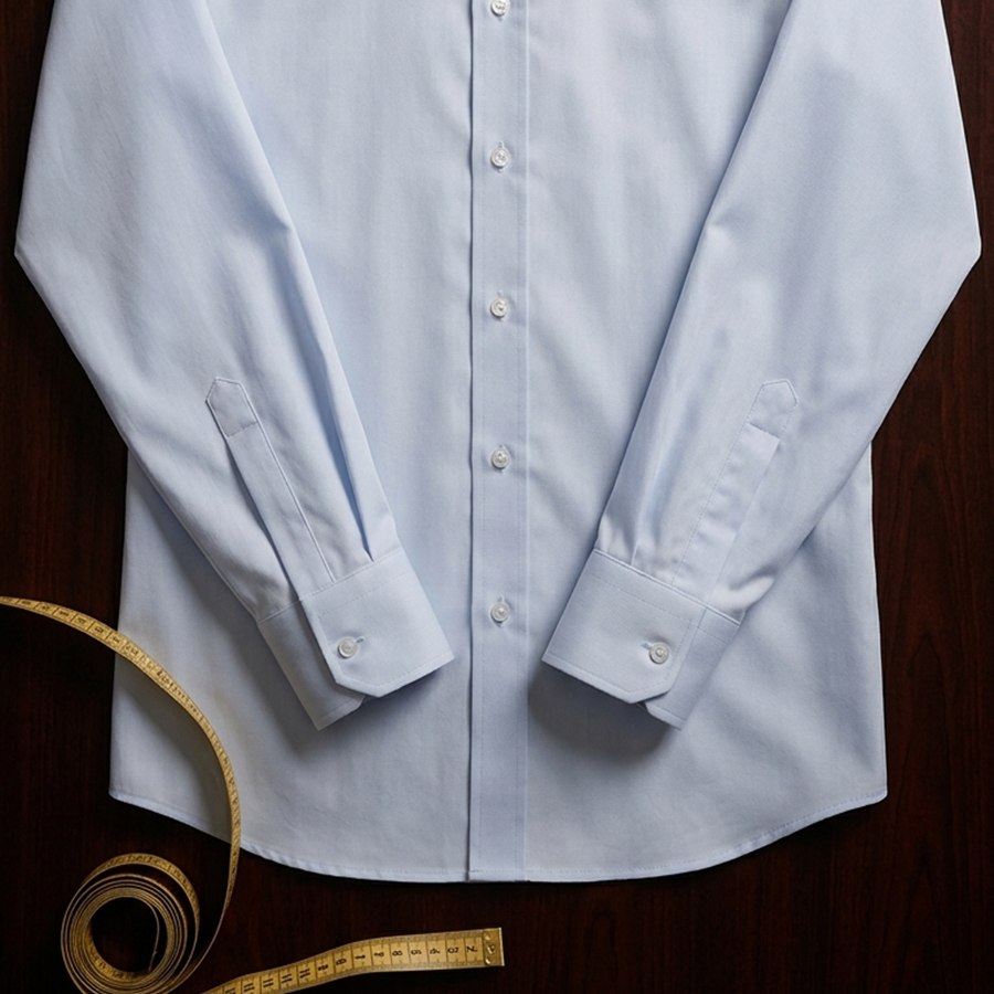 Camisa social clara com fita métrica, pronta para ajuste